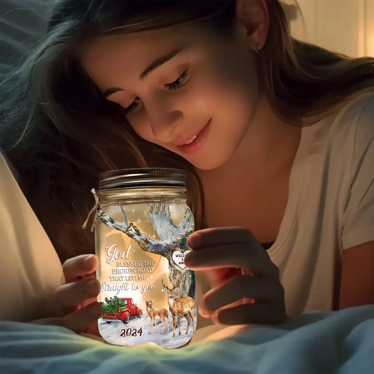 God Blessed The Broken Road - Personalized Couple Mason Jar Light