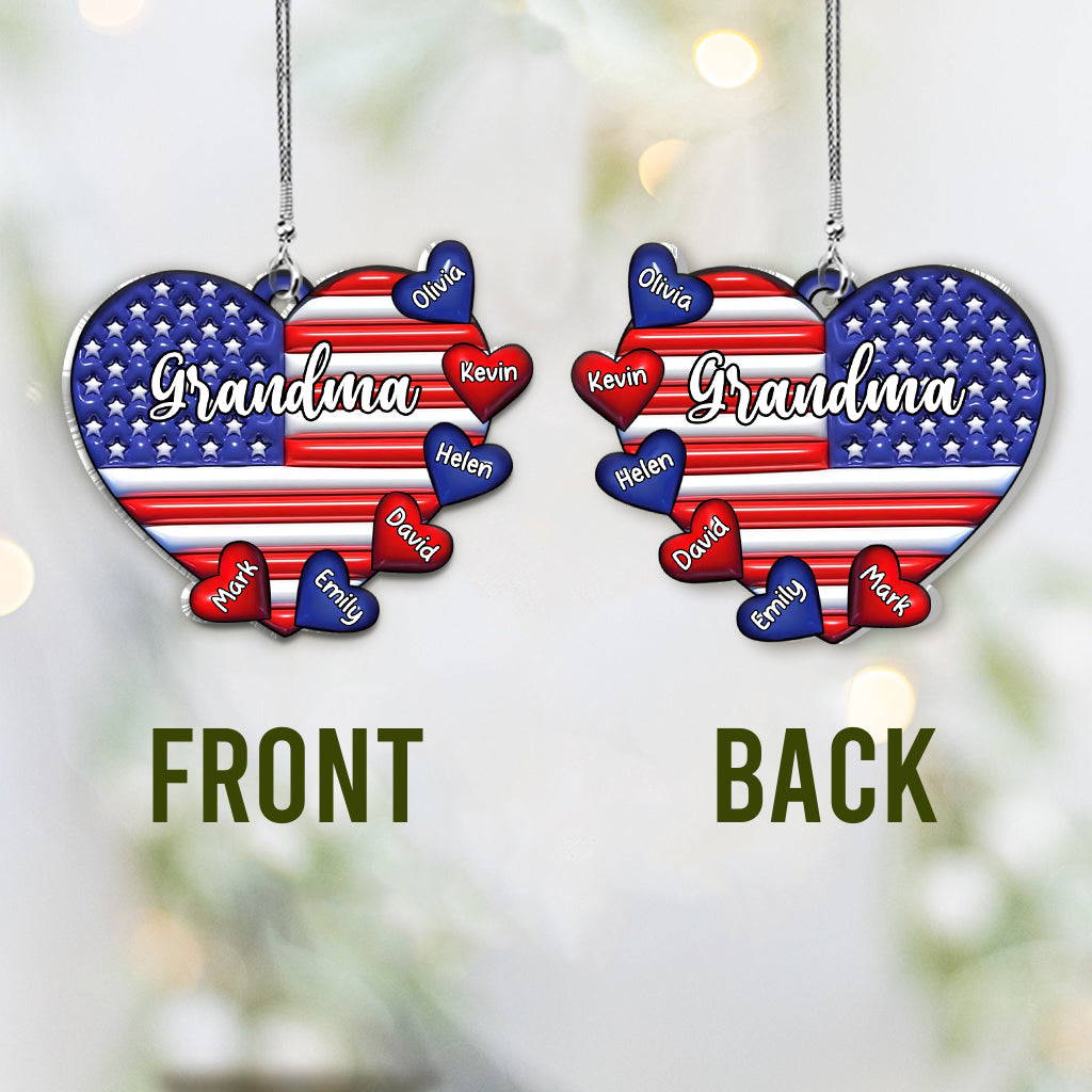 Grandma & Grandkids Puff Heart Flag - Personalized Grandma Car Ornament