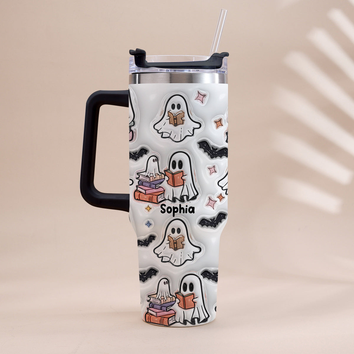 Cute Ghost Reading Booooks - Personalized Book Tumbler With Handle