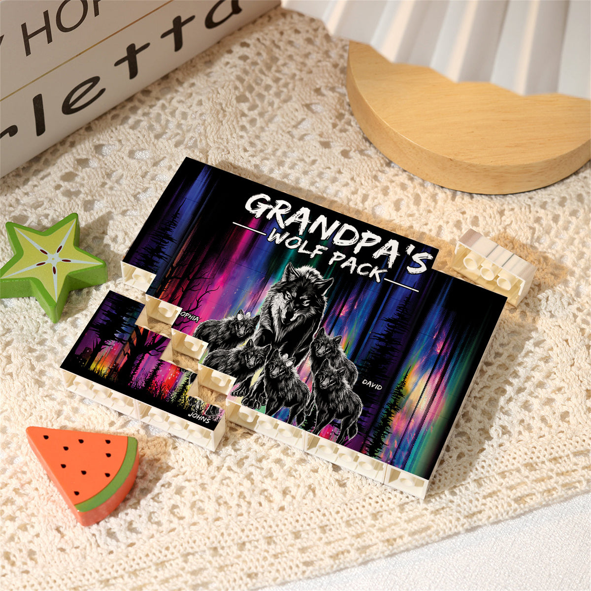 Grandpa's Wolf Pack - Personalized Grandpa One-sided Horizontal Rectangle Building Brick Blocks