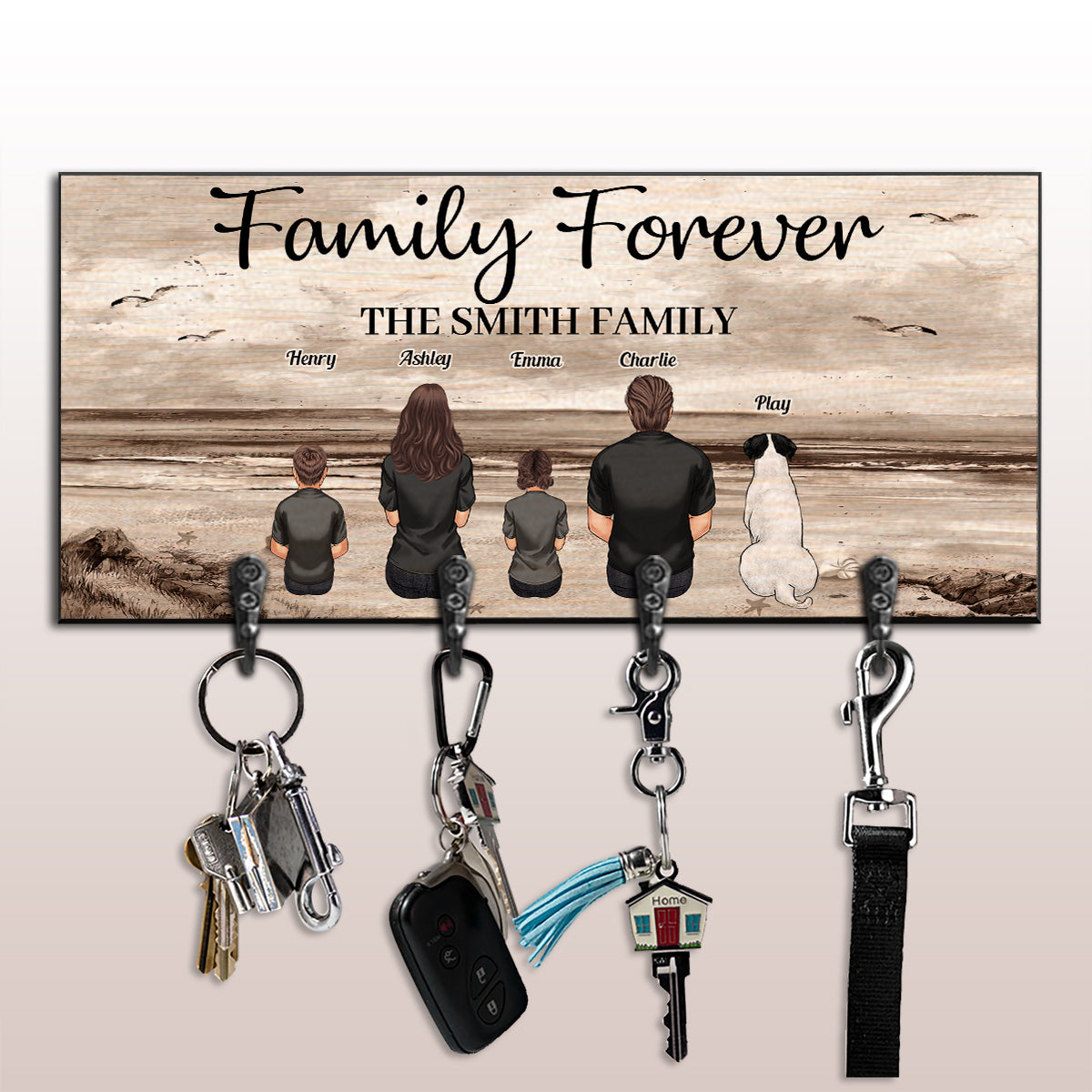 Family Forever Beach Landscape Vintage Version - Personalized Family Key Rack