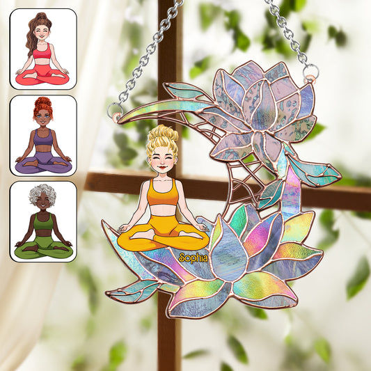 Yoga Girl On Lotus Moon - Personalized Yoga Window Hanging Suncatcher Ornament