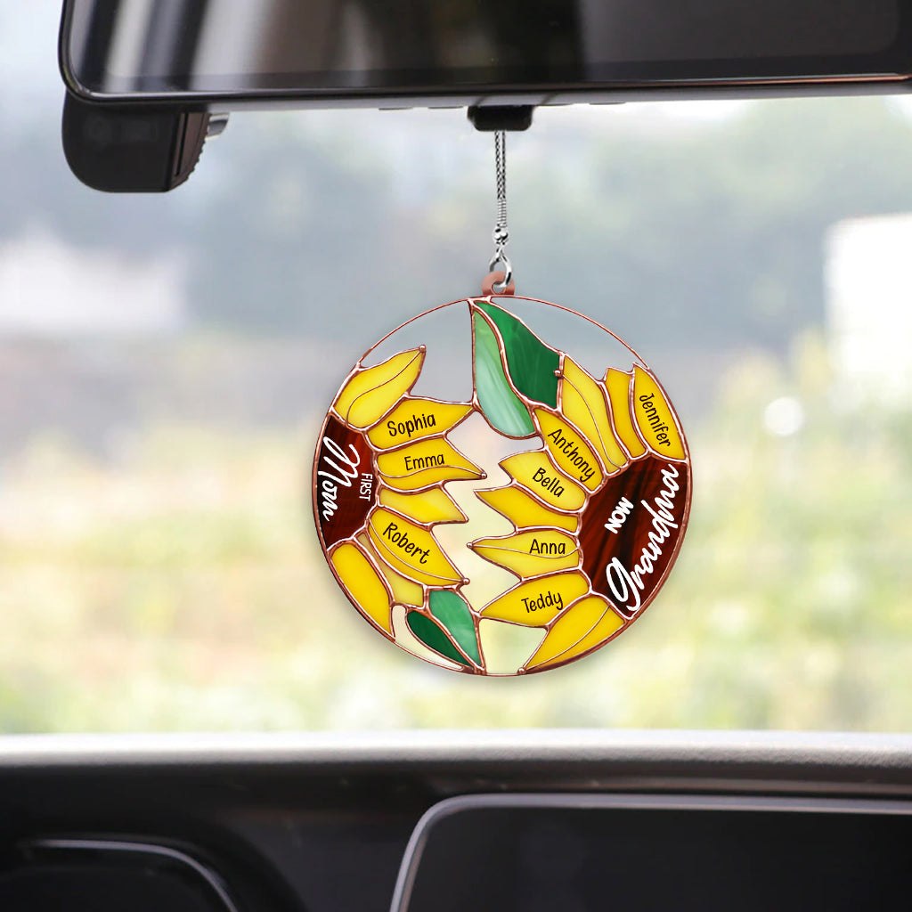 First Mom Now Grandma Sunflower - Personalized Grandma Transparent Car Ornament