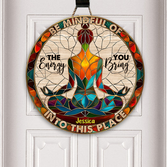 Please Be Mindful - Personalized Yoga Round Wood Sign