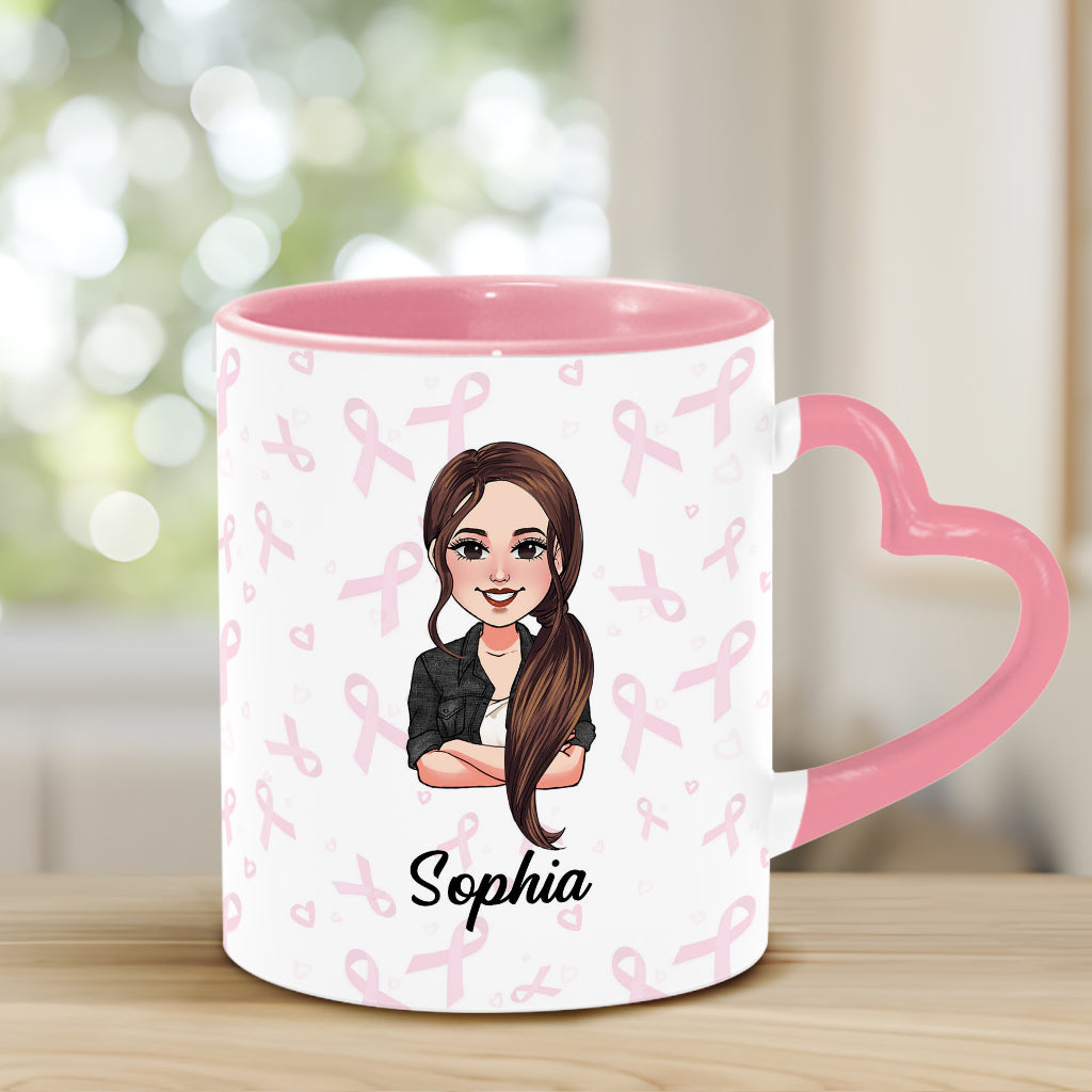 Dear Cancer You Picked The Wrong Bitch - Personalized Breast Cancer Awareness Heart Handle Mug