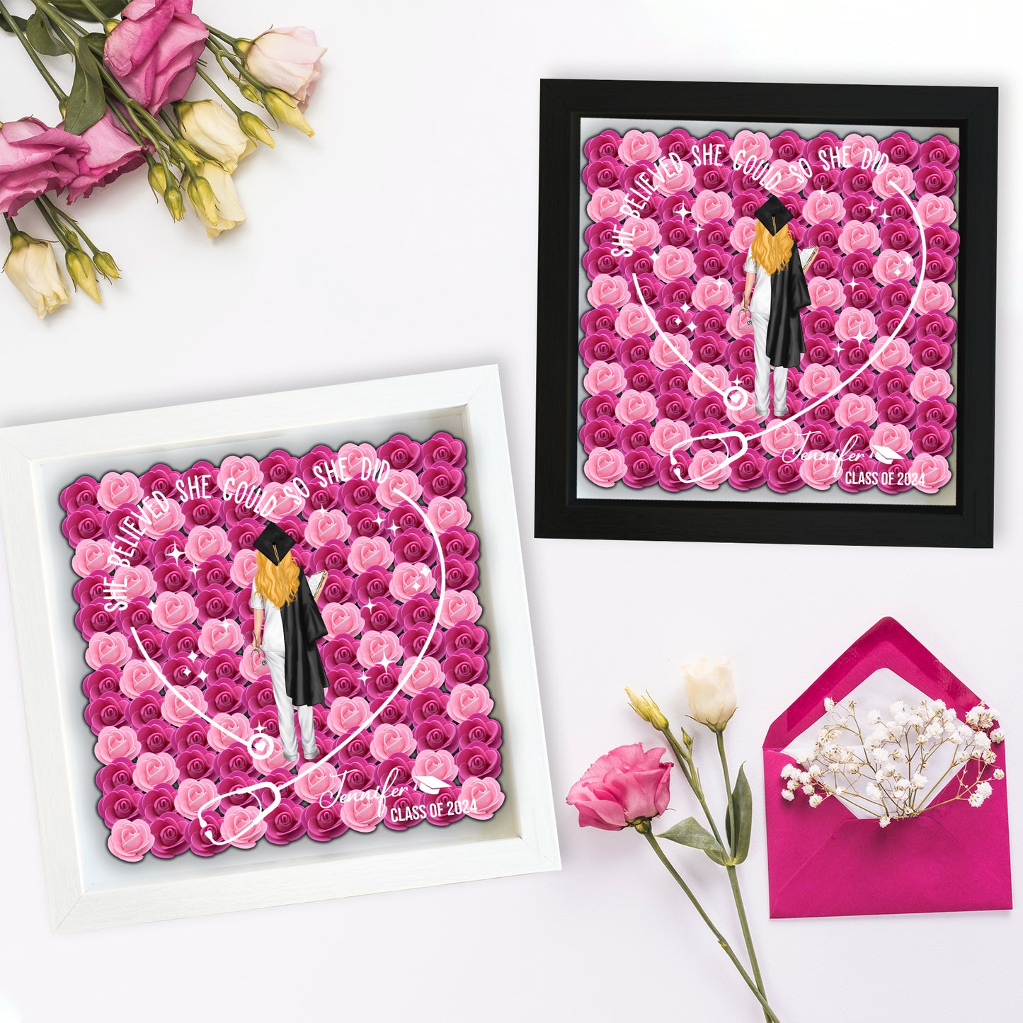 They Believed They Could So They Did - Personalized Graduation Custom Shaped Flower Shadow Box