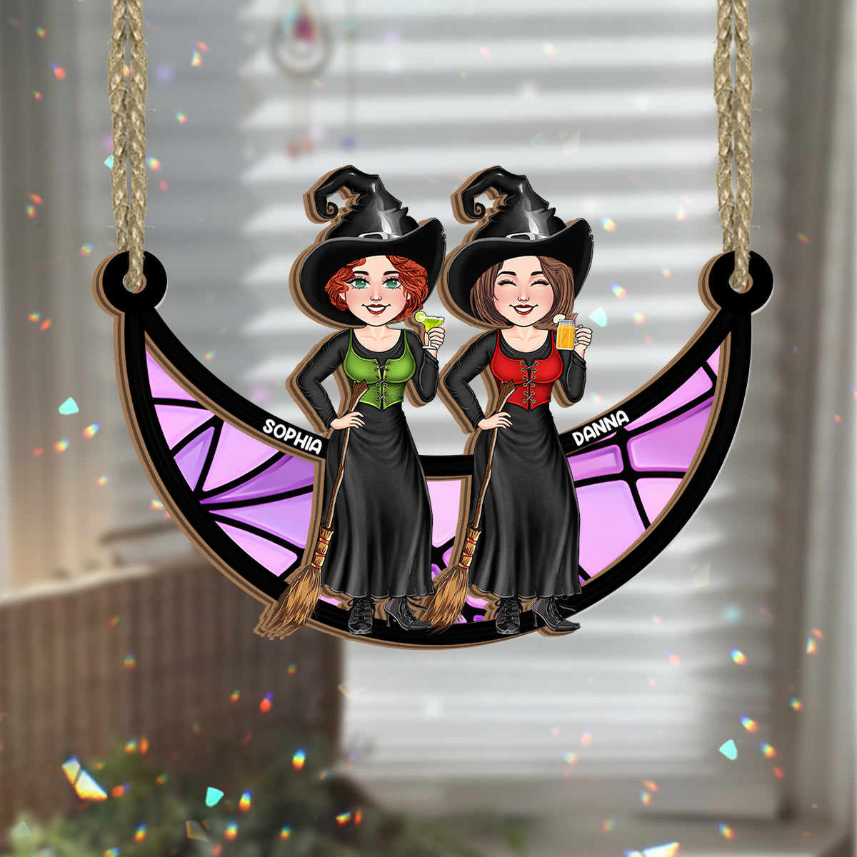Witches Sitting On The Moon - Personalized Bestie 2 Layered Window Hanging Suncatcher