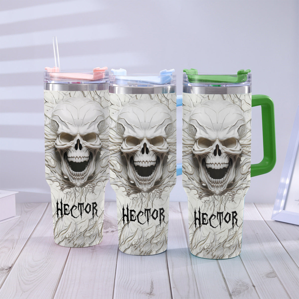 White Skull 3D Version - Personalized Skull Tumbler With Handle