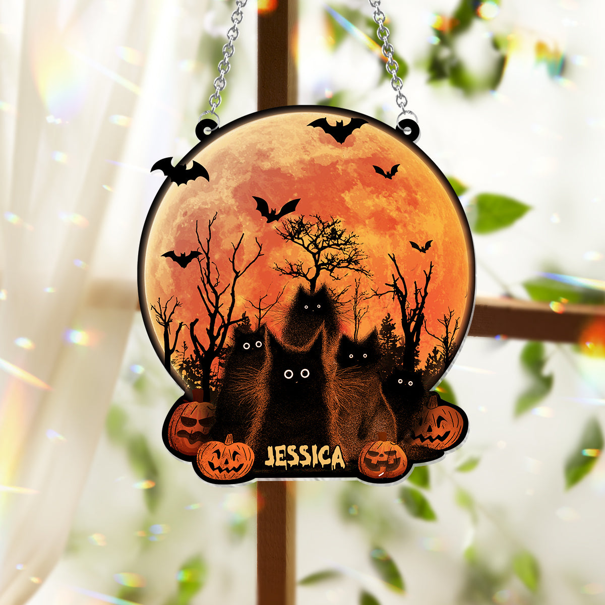Black Cat Halloween Moon - Personalized Black Cat Window Hanging Suncatcher Ornament