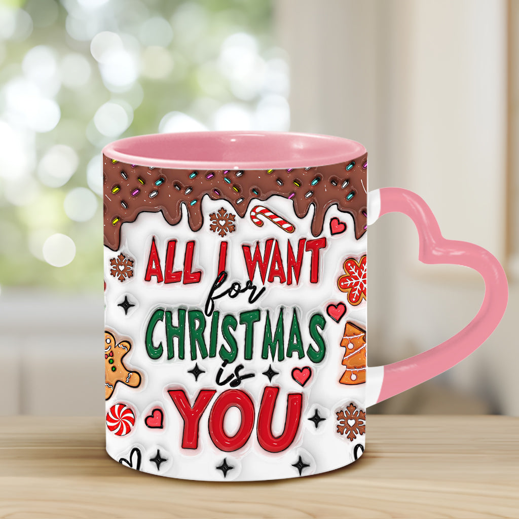 All I Want For Christmas Is You - Personalized Couple Heart Handle Mug