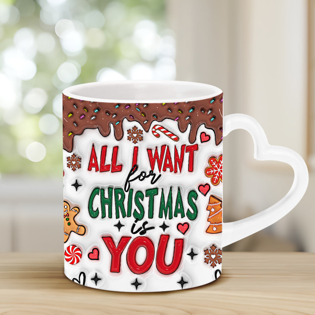 All I Want For Christmas Is You - Personalized Couple Heart Handle Mug
