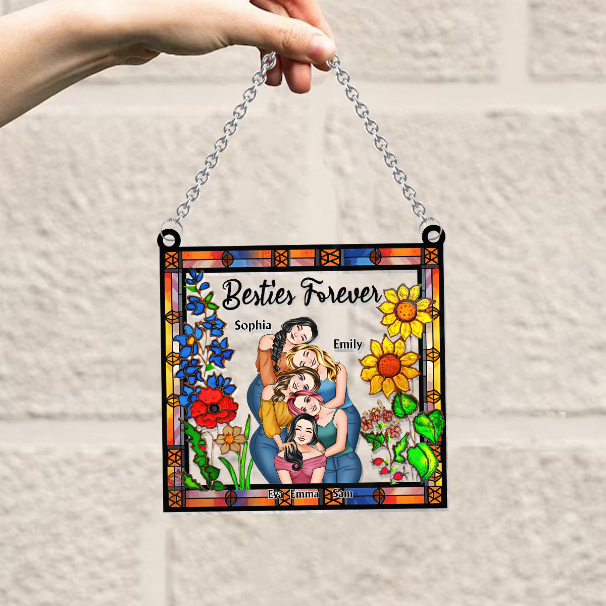 Besties Forever Floral Style - Personalized Bestie Window Hanging Suncatcher Ornament
