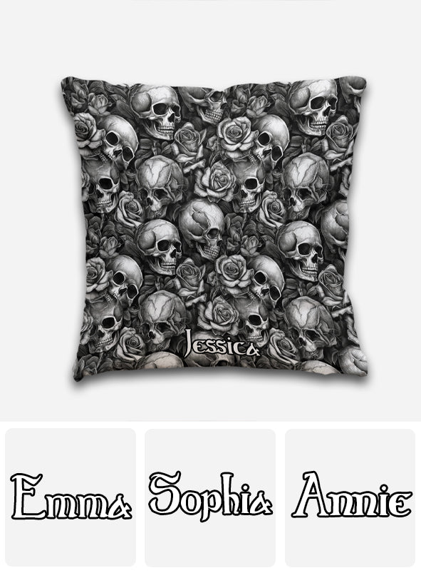 Skull Roses Black And White - Personalized Skull Throw Pillow