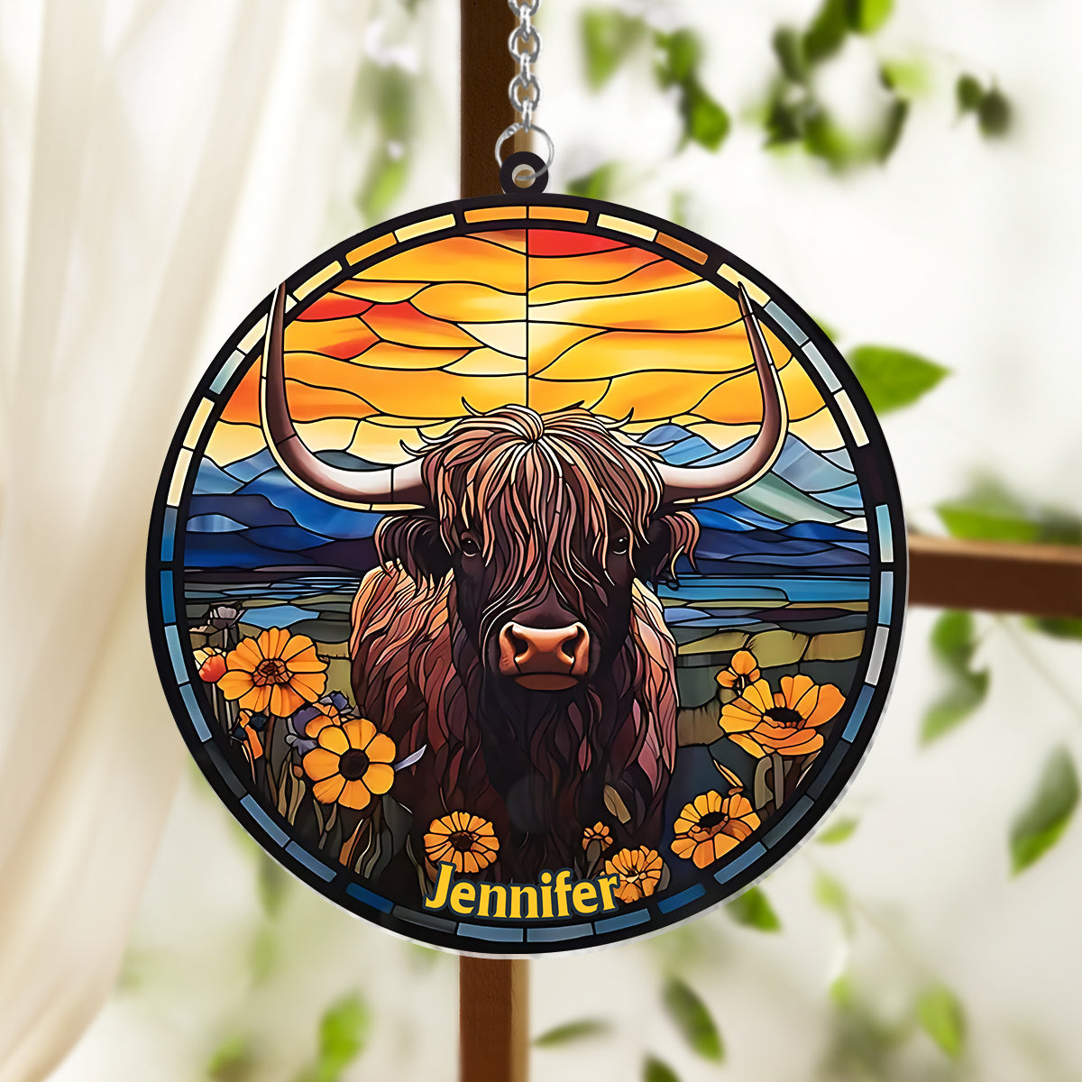 Love Highland Cow - Personalized Window Hanging Suncatcher Ornament