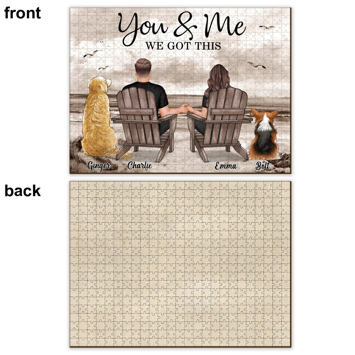Couple With Dogs Beach Landscape Retro Vintage - Personalized Couple Jigsaw Puzzle
