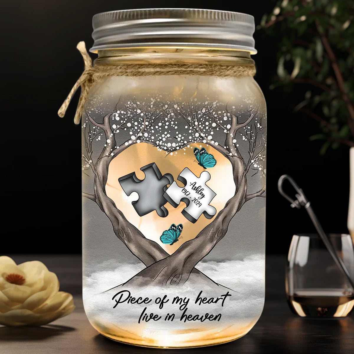 Memorial Butterfly Dragonfly Heaven Feather - Personalized Memorial Mason Jar Light