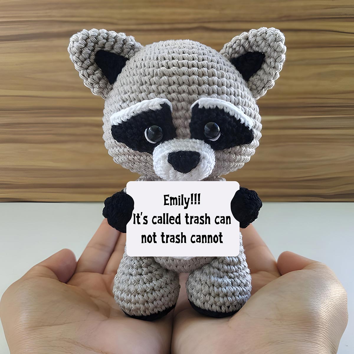 It's Trash Can Not Trash Cannot - Personalized Raccoon Hand Knitted Figurine