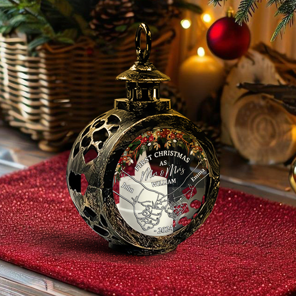 Holding Hands First Christmas - Personalized Couple Round Lantern With Light