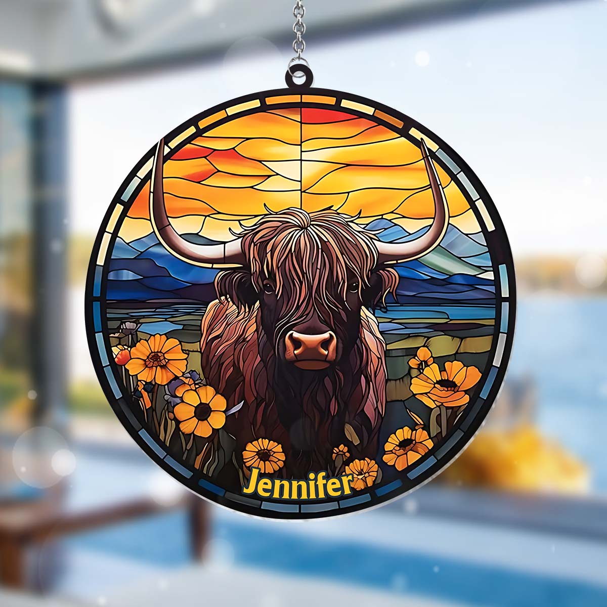 Love Highland Cow - Personalized Window Hanging Suncatcher Ornament