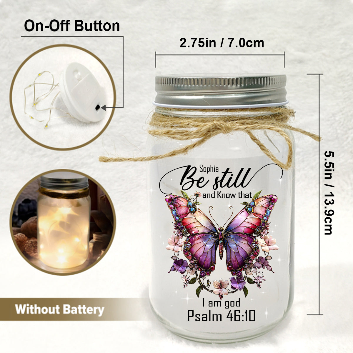 Be Still and Know - Personalized Butterfly Mason Jar Light