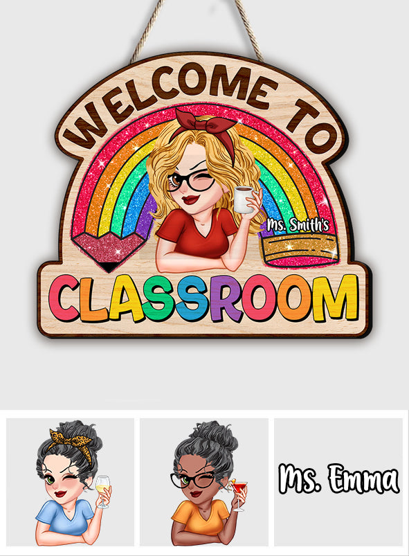 Teacher Life Glitter Rainbow - Personalized Teacher Custom Shaped Wood Sign