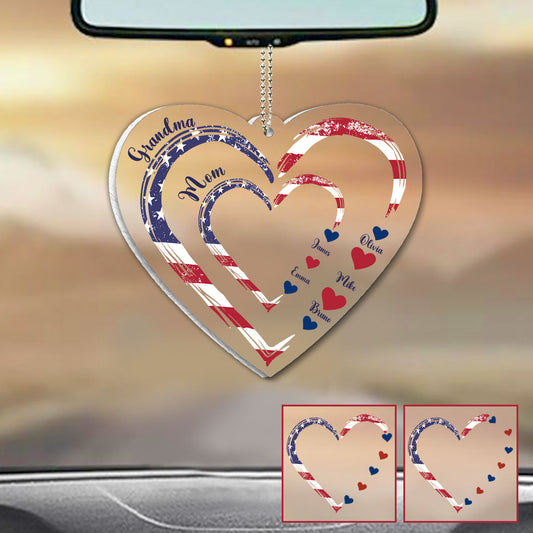 4th Of July Grandma's Hearts - Personalized Grandma Custom Shaped Car Ornament