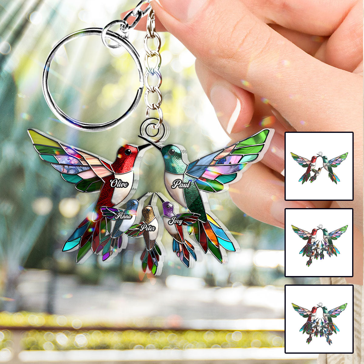 Family Members Hummingbirds Beautiful Birds - Personalized Family Custom Shaped Keychain