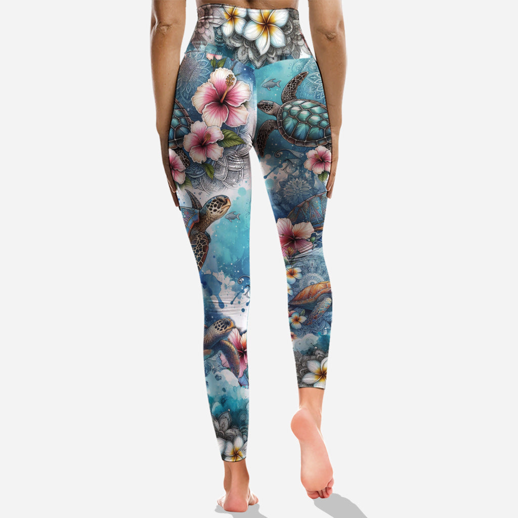 Sea Turtle Mandala Tropical Flower - Personalized Turtle Hollow Tank Top and Leggings