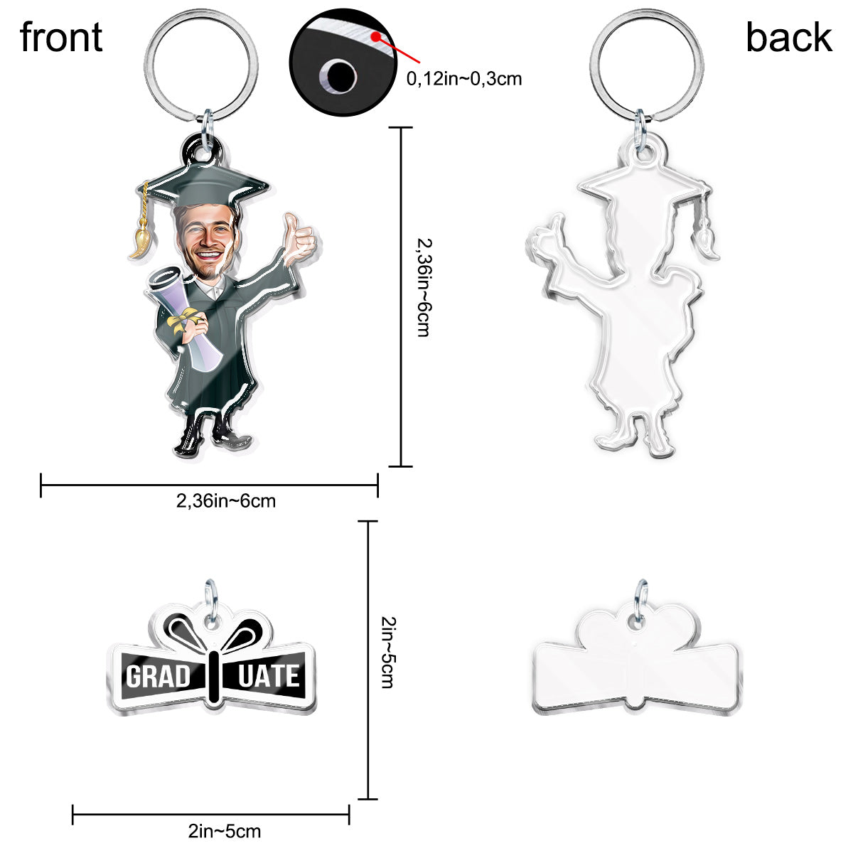 Funny Graduate Caricature - Personalized Graduation Keychain with Charms