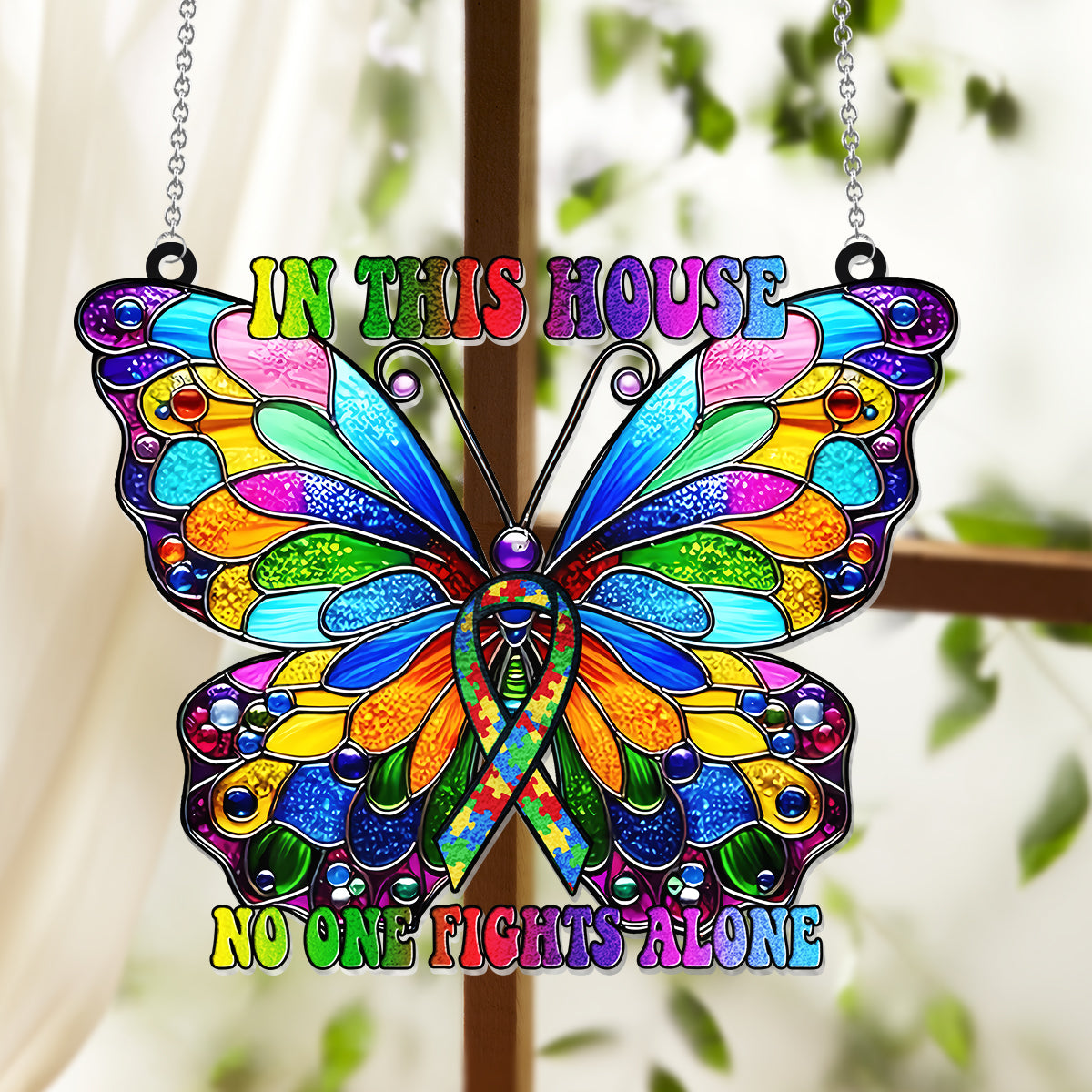 In This House No One Fights Alone - Autism Awareness Window Hanging Suncatcher Ornament