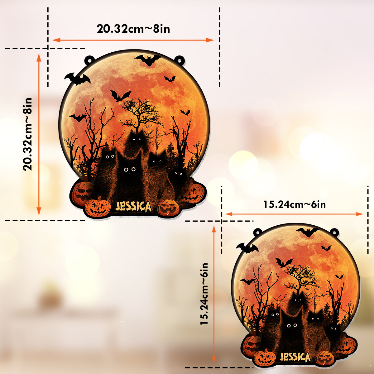 Black Cat Halloween Moon - Personalized Black Cat Window Hanging Suncatcher Ornament