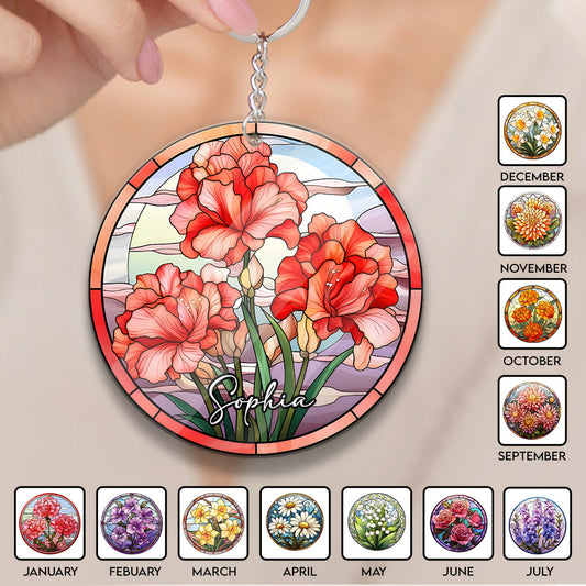 Stained Glass Birth Month Flowers - Personalized Birthday Keychain