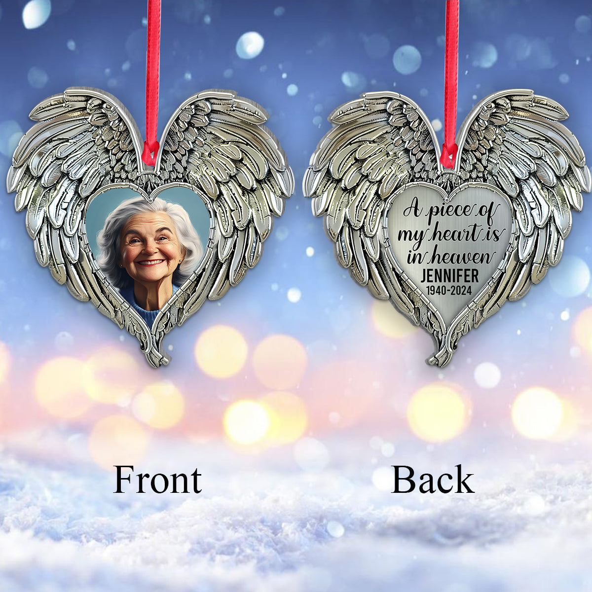 A Piece of My Heart Lives In Heaven - Personalized Memorial Shaped Aluminium Ornament (Print On Both Side)