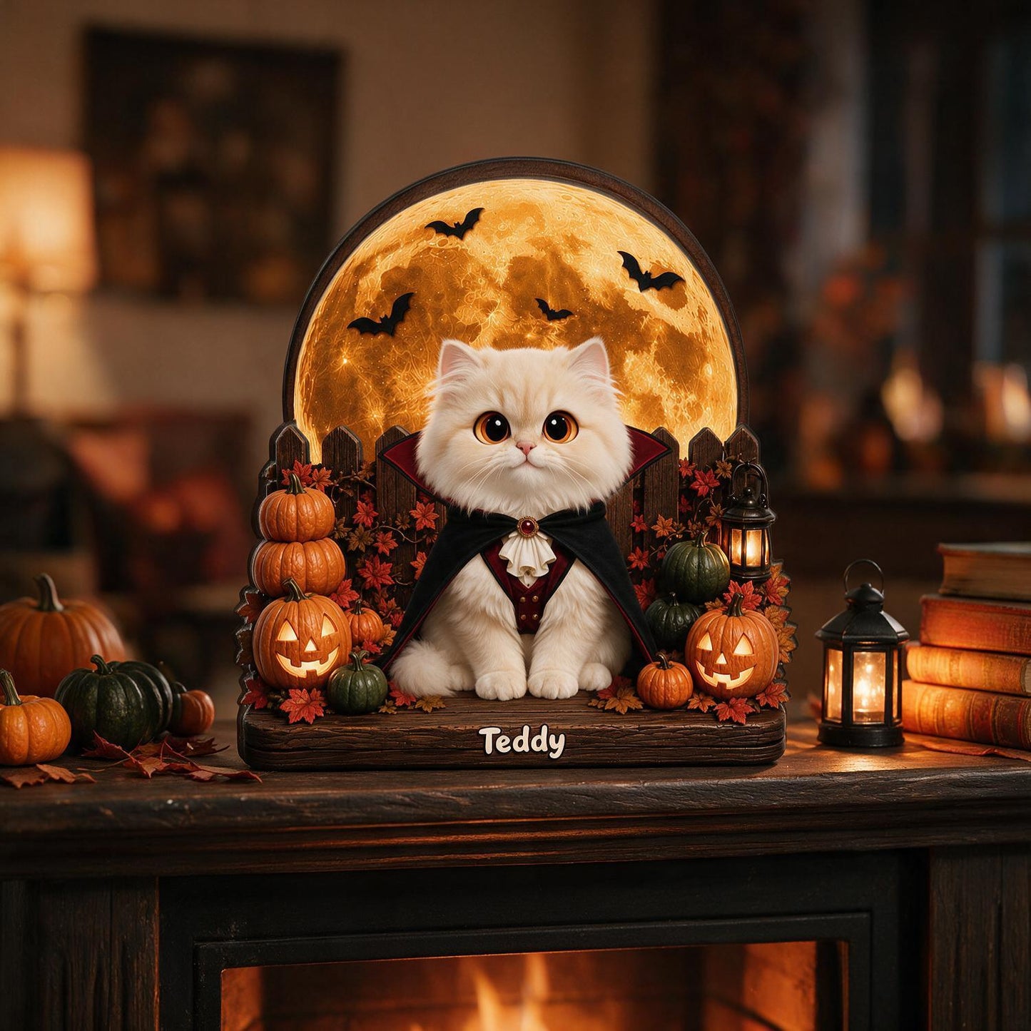 Personalized 2-Layer Wooden Halloween Plaque - Spooky Vampire Cat With Pumpkins, Custom Name Gift for Cat Lovers