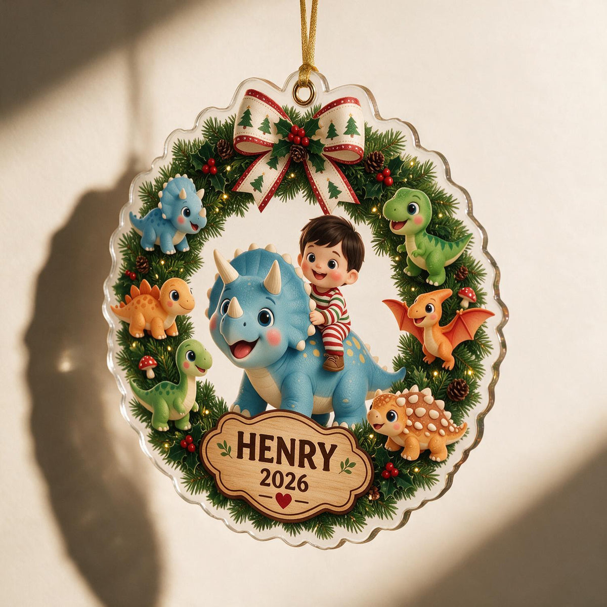 Personalized Christmas Acrylic Ornament - Cute Boy Riding Blue Triceratops with Dinosaur Wreath, Custom Name & Year Gift for Kids