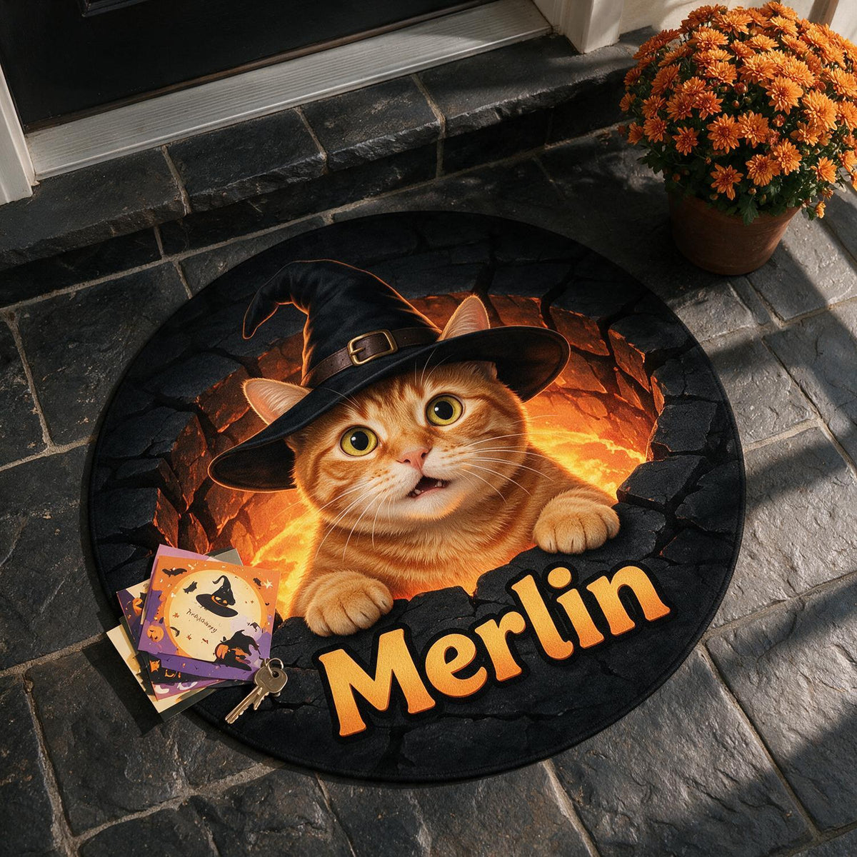 Personalized Halloween Orange Tabby Cat Witch Hat Round Doormat | Cat Mom Gift