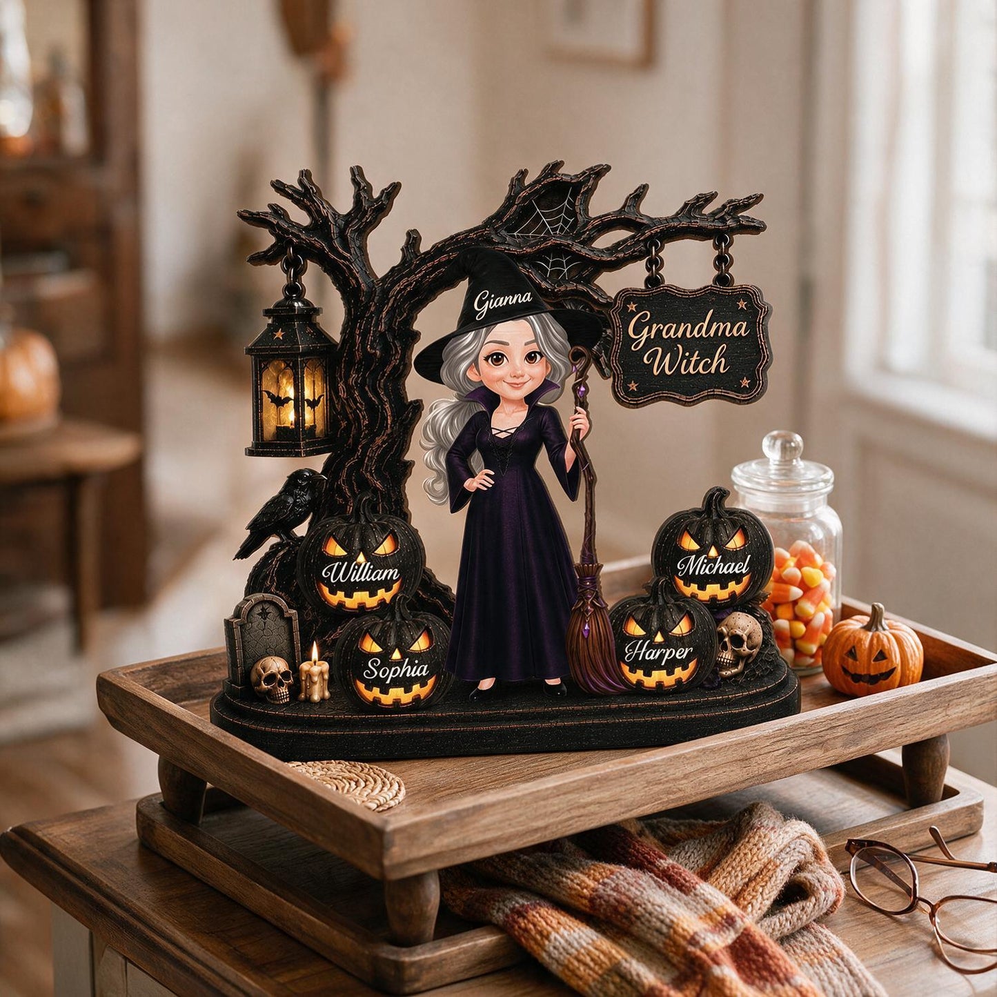 Personalized Grandma Witch Halloween Wooden Plaque With Grandkids Jack-O'-Lanterns - Custom Spooky Gift For Grandma