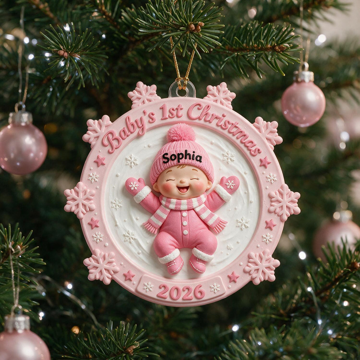 Baby's First Christmas Personalized Pink Snow Angel Acrylic Ornament - Custom Name & Year New Parent Gift