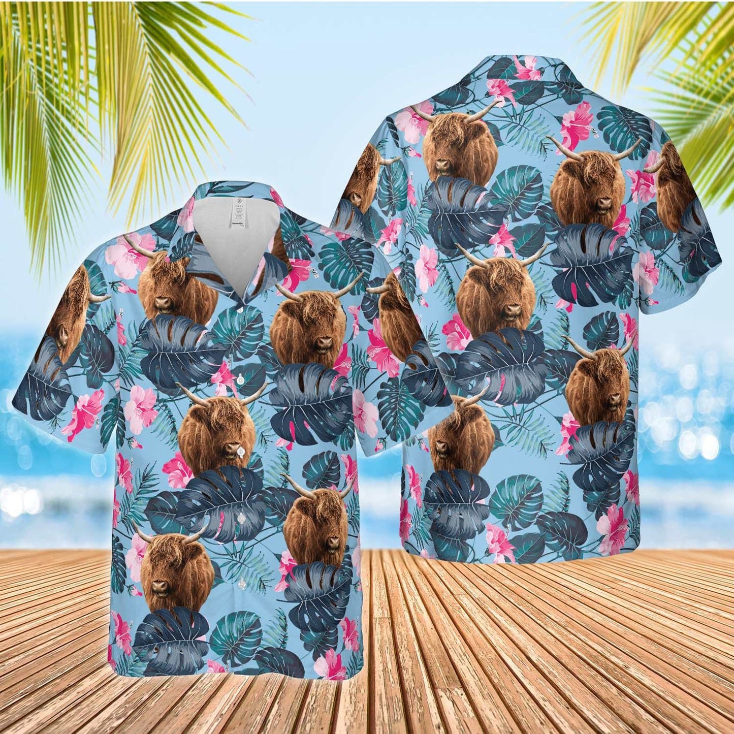 Highland Cow Embracing Blue Hibiscus Highland Cow Hawaiian Shirt 0624
