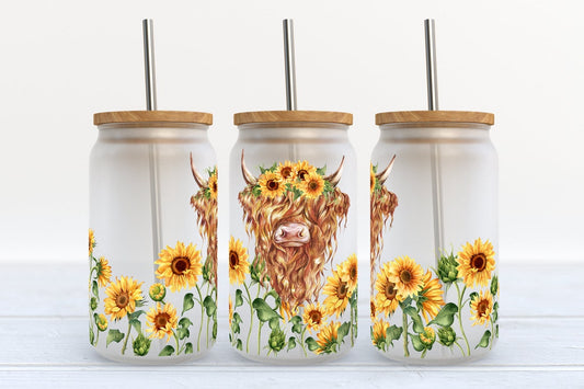 Highland Cow With Sunflowers Highland Cow Can Glass 0624