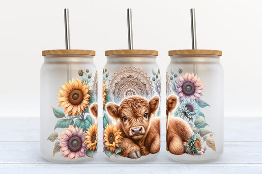 Highland Cow With Sunflowers Highland Cow Can Glass 0624