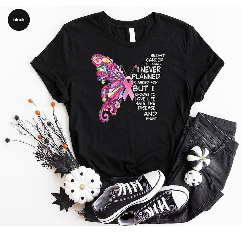 Breast Cancer Vneck Shirt, Cancer Awareness T-Shirt, Butterfly Graphic Tee Breast Cancer Awareness T-shirt & Hoodie 0924