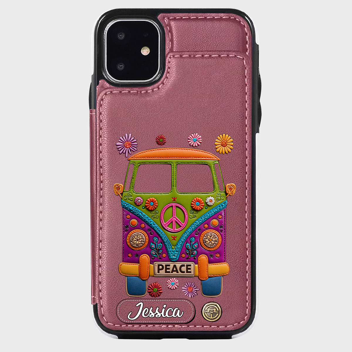 Peace Bus - Personalized Hippie Wallet Phone Case With Leather Charm