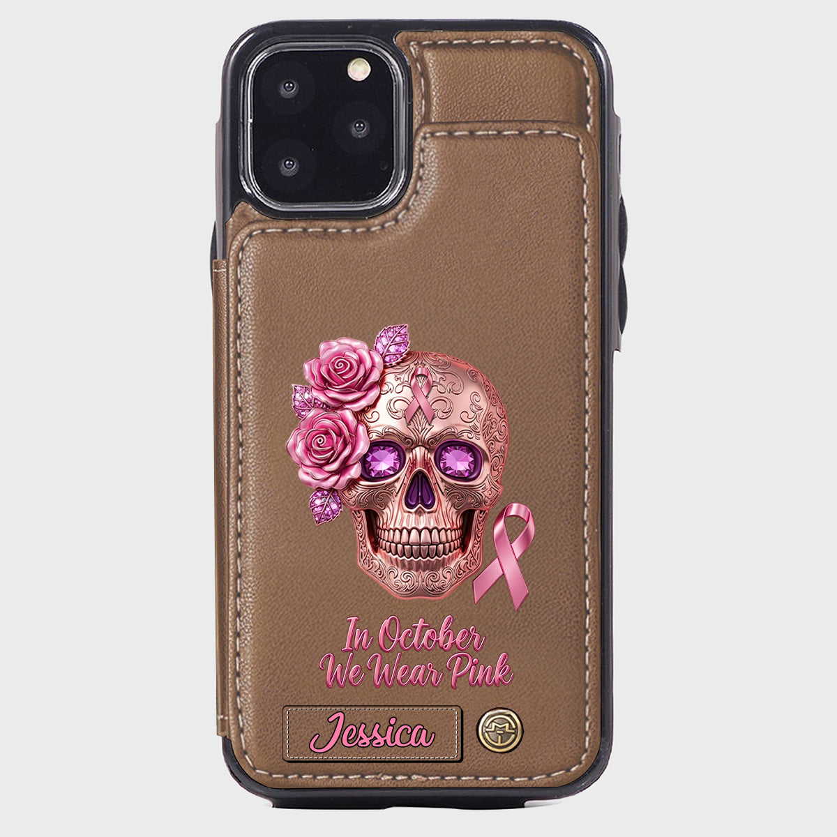 Skull And Ribbon - Personalized Breast Cancer Awareness Wallet Phone Case