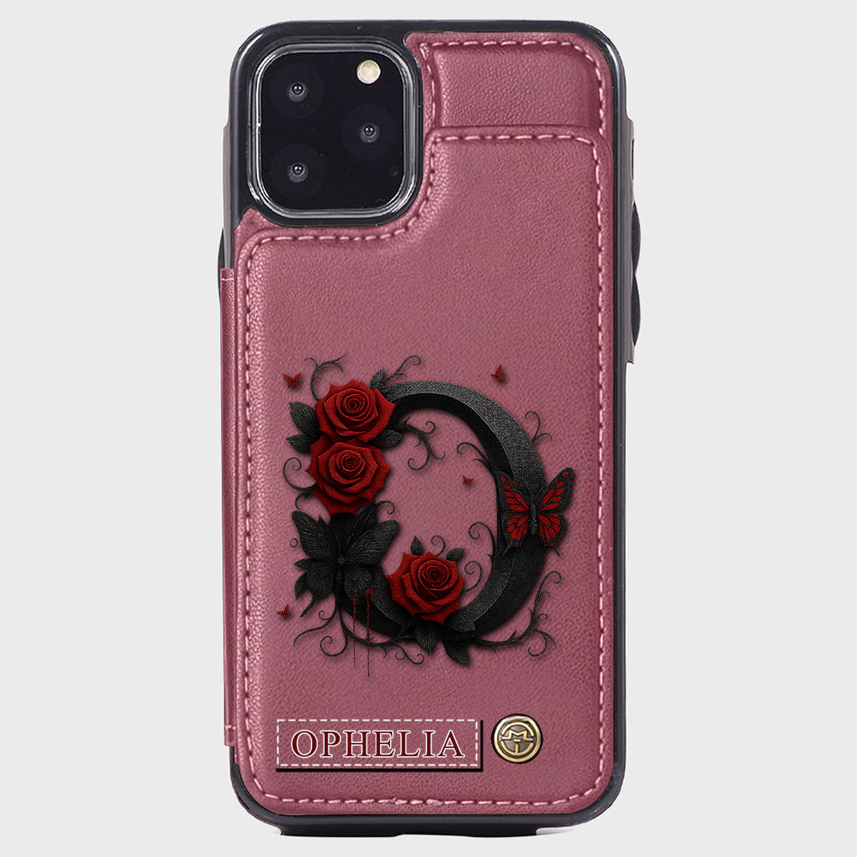 Alphabet Red Rose And Butterflies - Personalized Luxury Wallet Phone Case