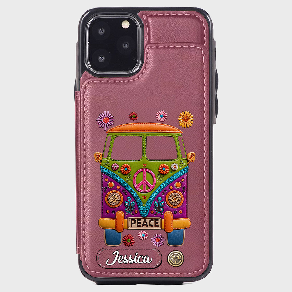 Peace Bus - Personalized Hippie Wallet Phone Case With Leather Charm