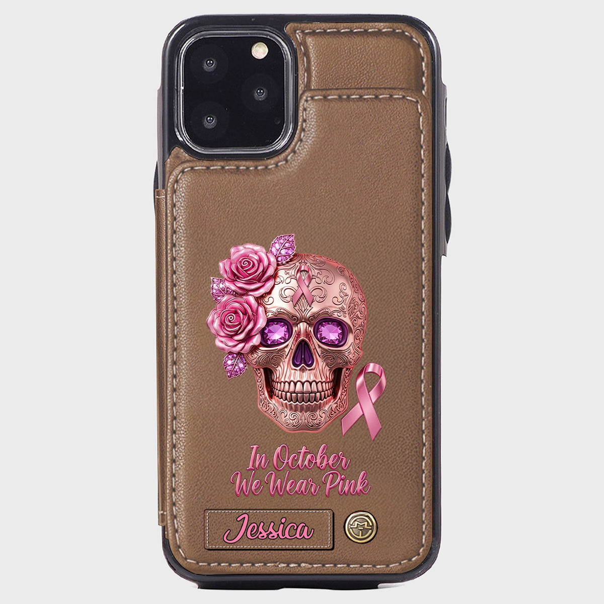 Skull And Ribbon - Personalized Breast Cancer Awareness Wallet Phone Case