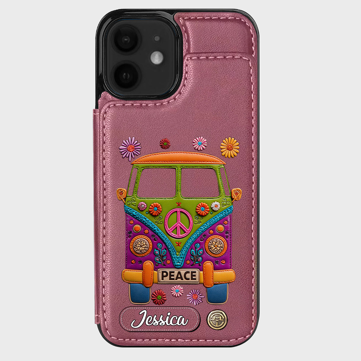 Peace Bus - Personalized Hippie Wallet Phone Case With Leather Charm