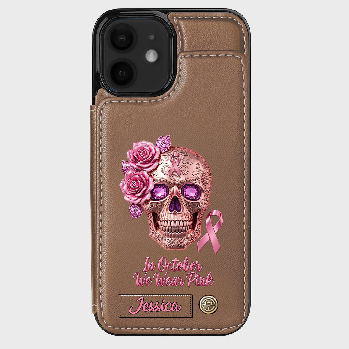 Skull And Ribbon - Personalized Breast Cancer Awareness Wallet Phone Case