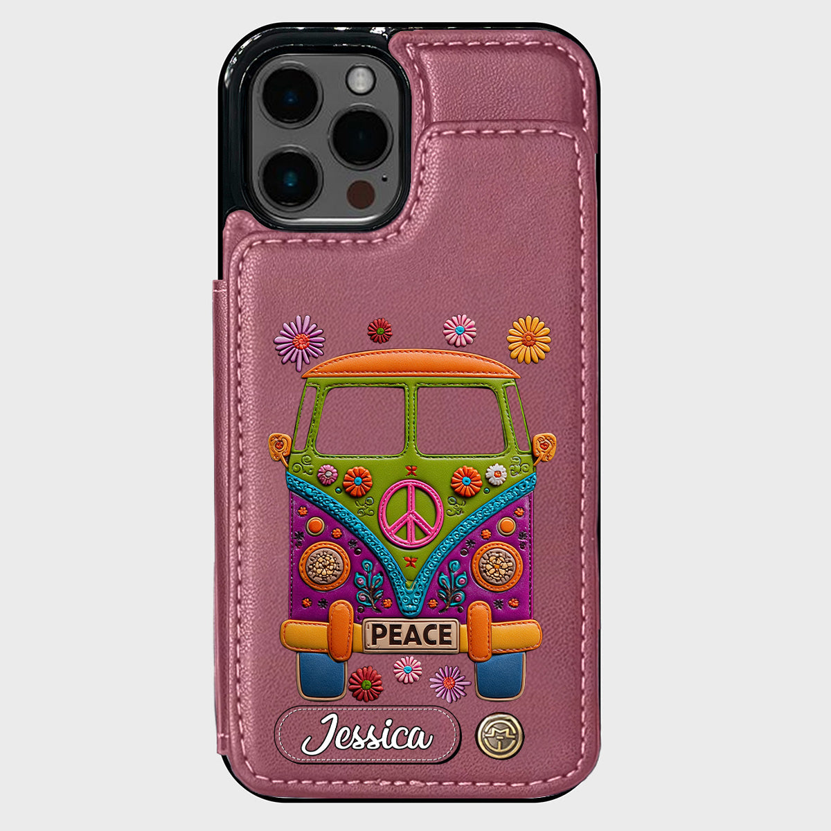 Peace Bus - Personalized Hippie Wallet Phone Case With Leather Charm